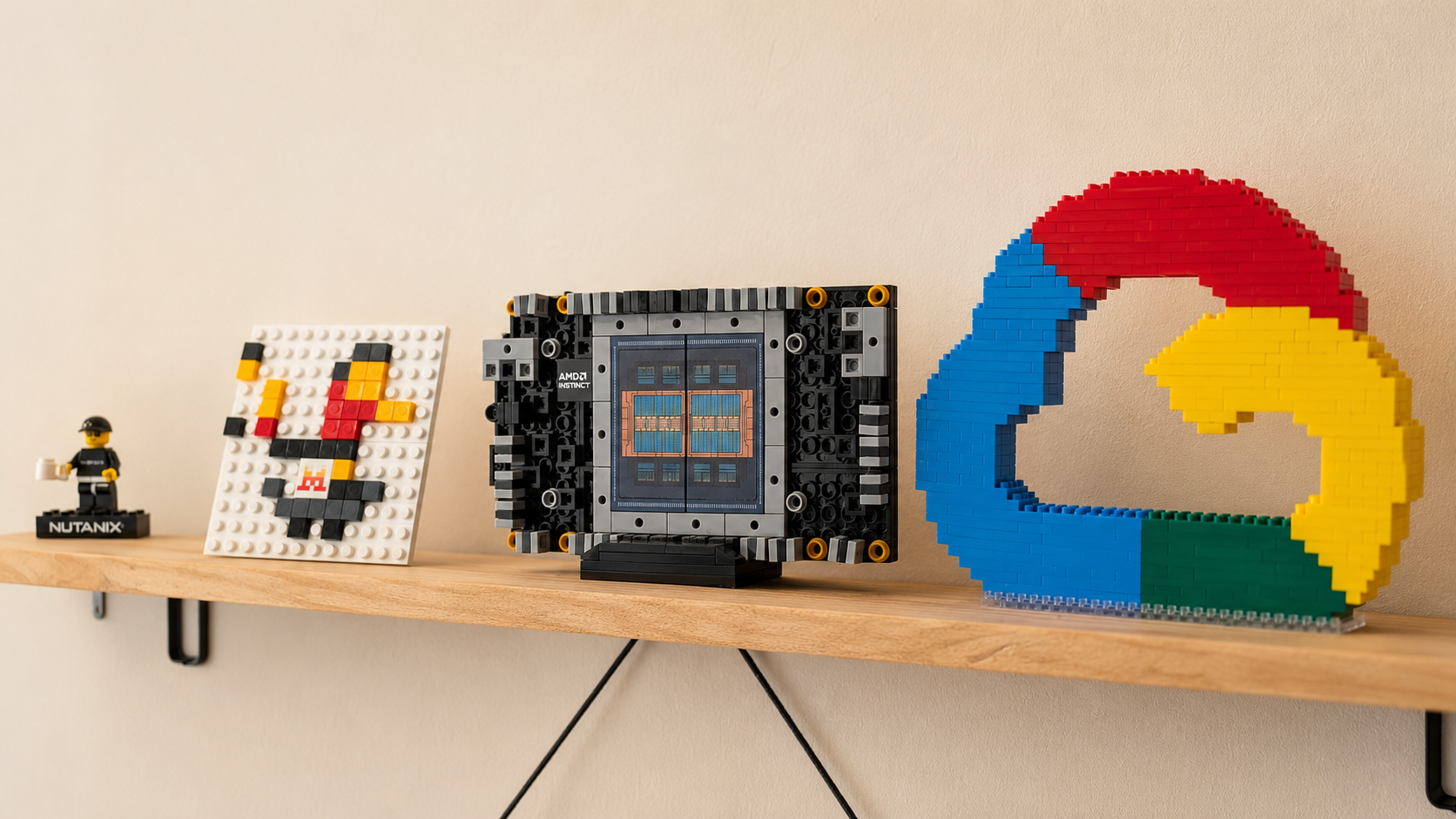 Lego-style tech collectibles displayed on a wooden shelf, including a colorful Chrome logo build, a chip model, and conference-inspired geek memorabilia.