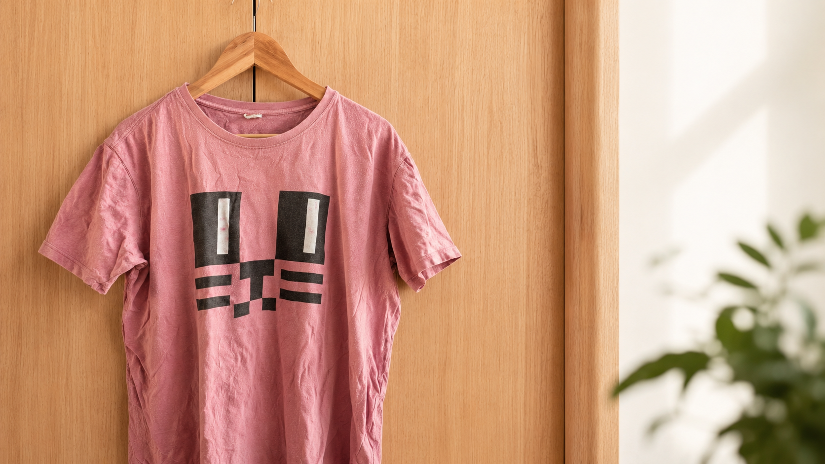 Faded pink Platform.sh cat t-shirt hanging on a wooden hanger, showing its worn fabric, soft wrinkles, and washed-out black graphic.