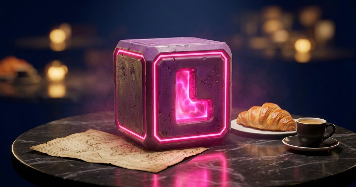 The Looties cube with its neon pink L glowing on a dark  marble café table, next to a croissant and an espresso —  marking the launch of Looties in French.