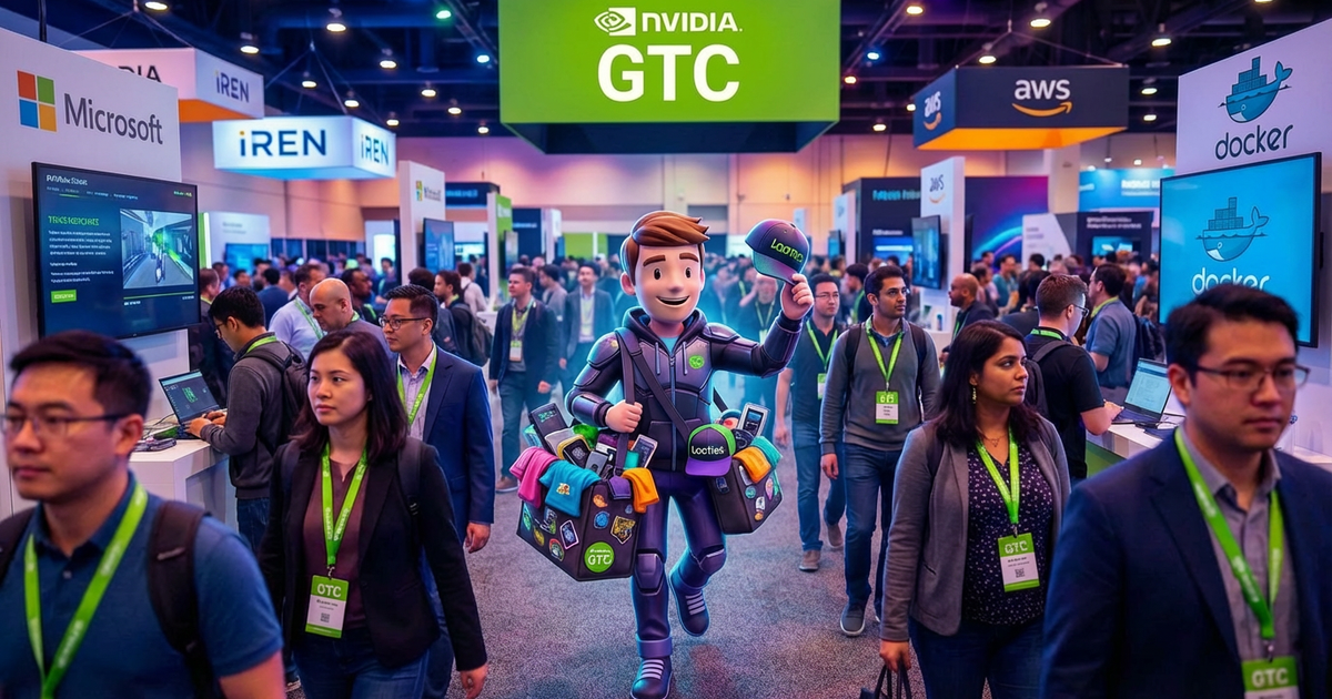 The Looties mascot carrying a bag of AI swag through the GTC 2026 expo hall with the official NVIDIA GTC logo and branded tech booths.