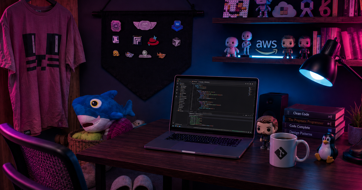 Neon-lit developer desktop filled with unsellable tech swag, including a faded pink t-shirt, pin banner, Lego builds, wool slippers, plush toys, and a laptop showing Looties.