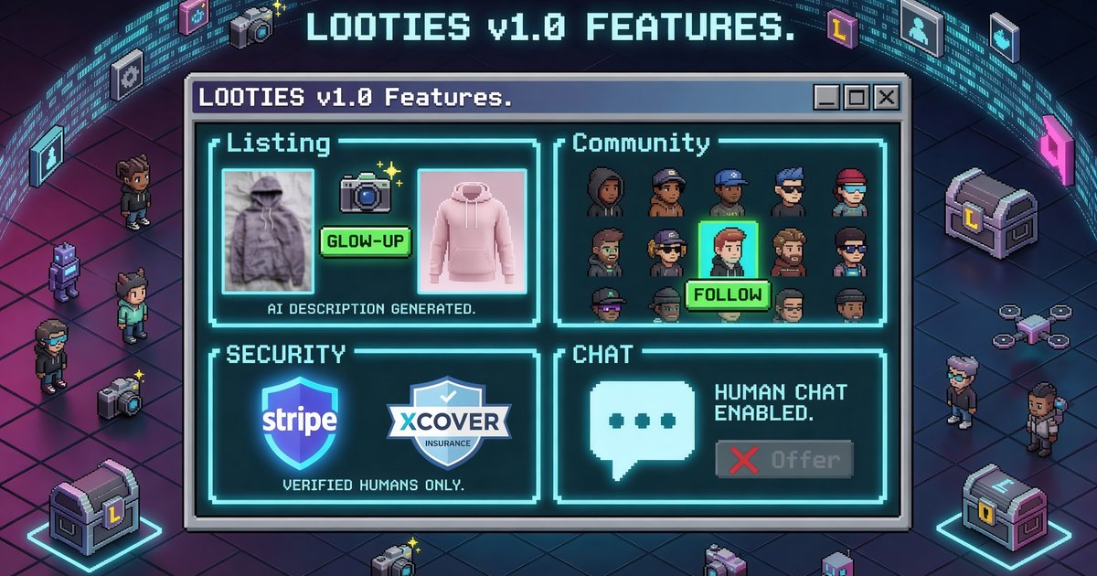 An isometric 2000s pixel art style interface showing Looties features including AI product glow-ups, AI avatars, Stripe security, and human-only chat.